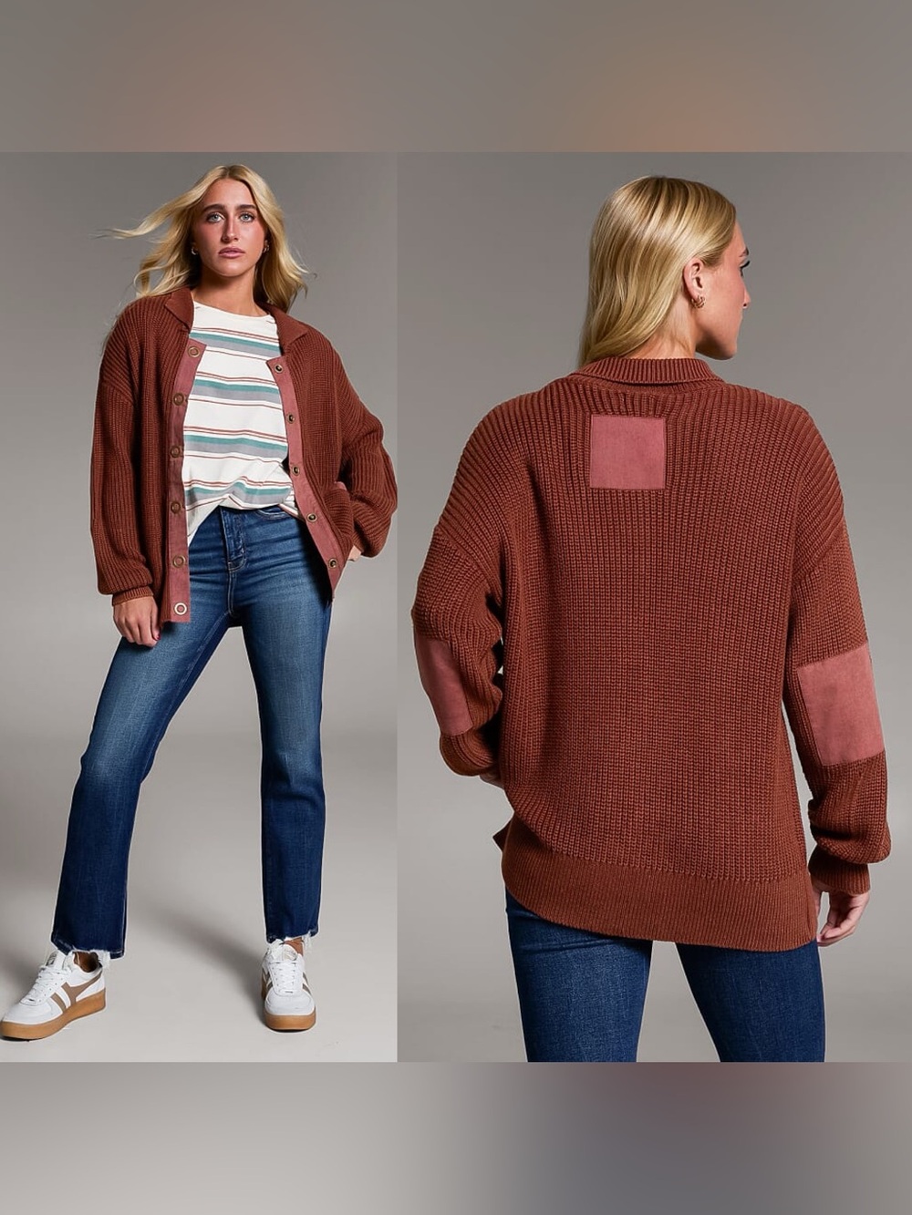 BKE Sable Rust Red Prep Edit Snap Down Ribbed Cardigan Sweater XL Cozy Fall